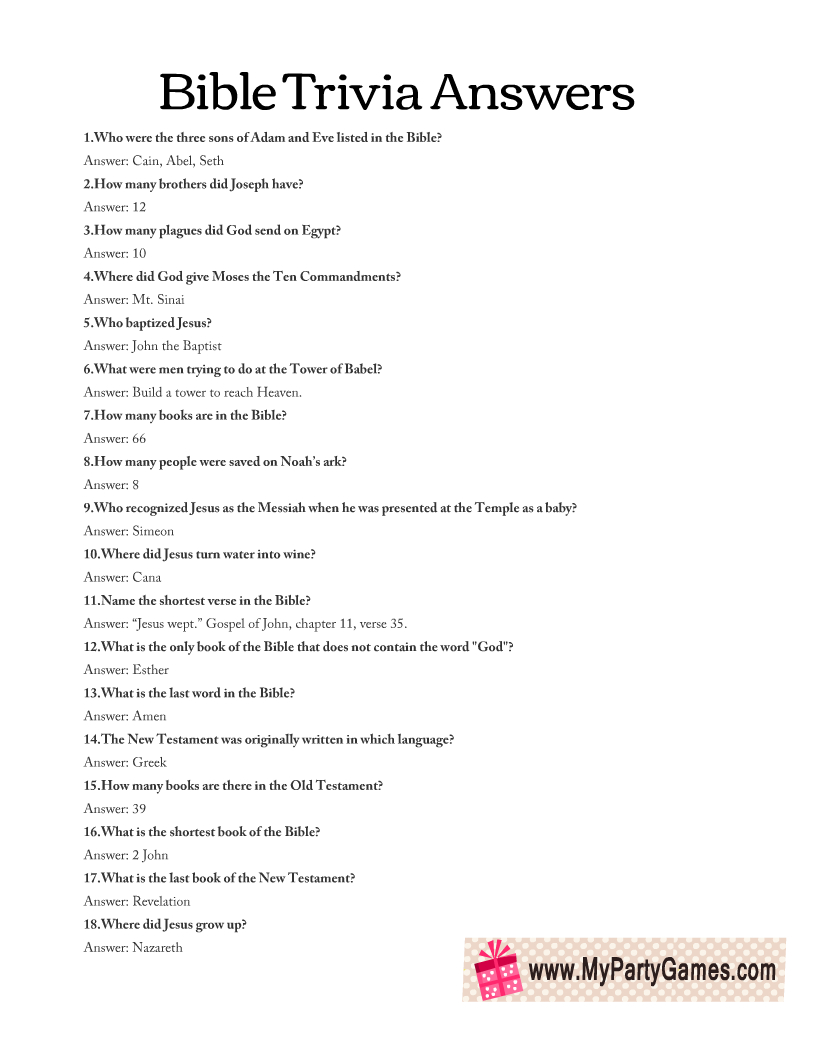 Free Printable Bible Trivia Quiz With Answer Key inside Bible Trivia Printable Questions Answers