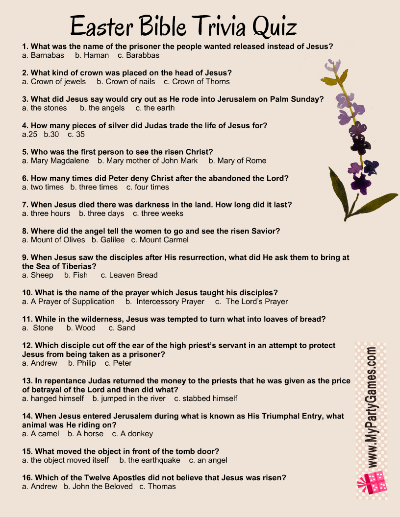 Free Printable Easter Bible Trivia Quiz With Answer Key for Bible Trivia Printable Questions Answers