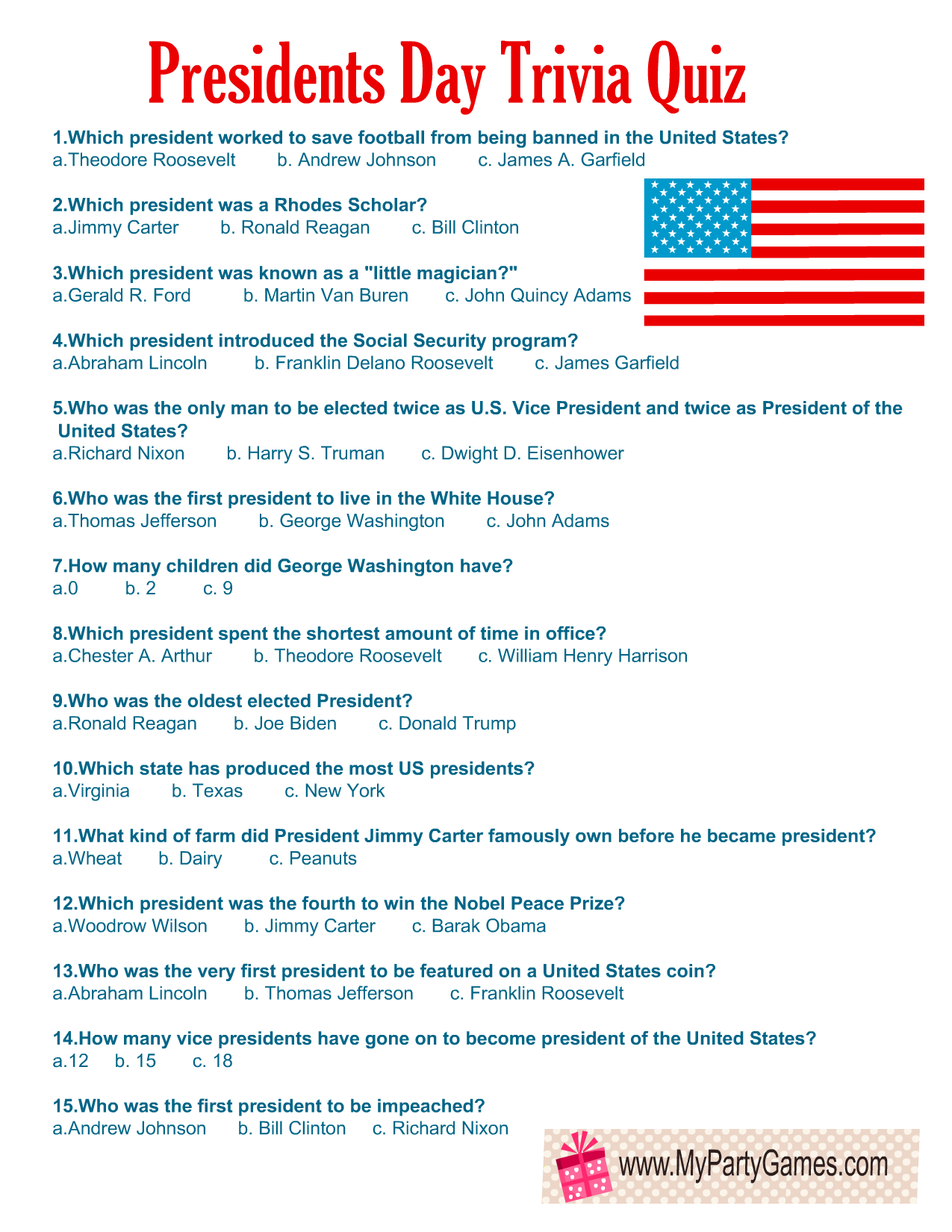 Free Printable Presidents Day Trivia Quiz With Answer Key with Presidents Day Trivia Questions and Answers Printable