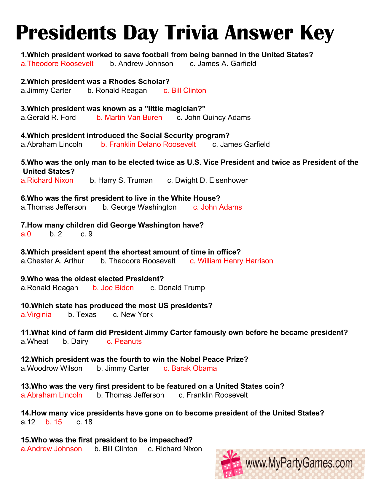 Free Printable Presidents Day Trivia Quiz With Answer Key within Presidents Day Trivia Questions And Answers Printable