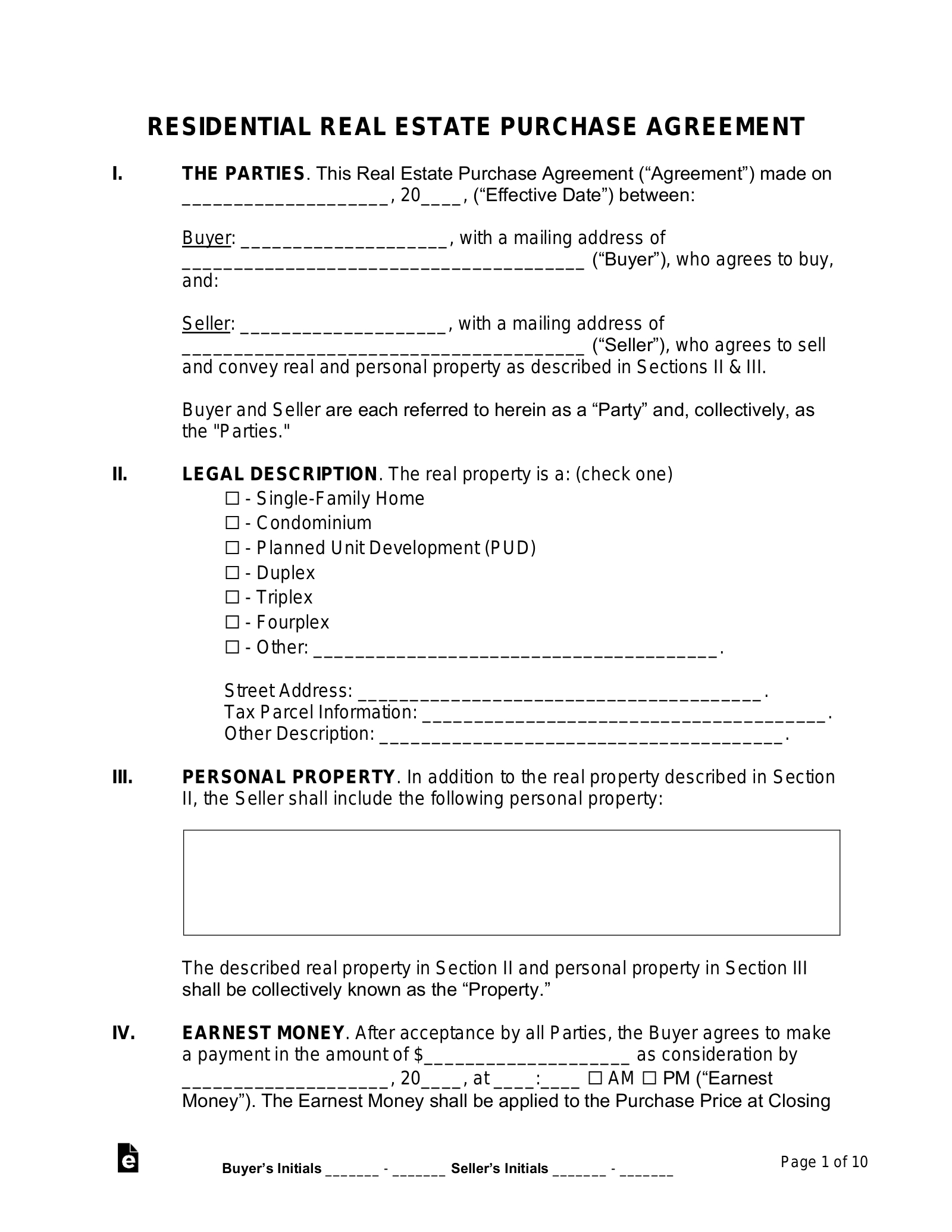 Free Purchase And Sale Agreement Template - Pdf | Word – Eforms regarding Free Printable Real Estate Purchase Agreement