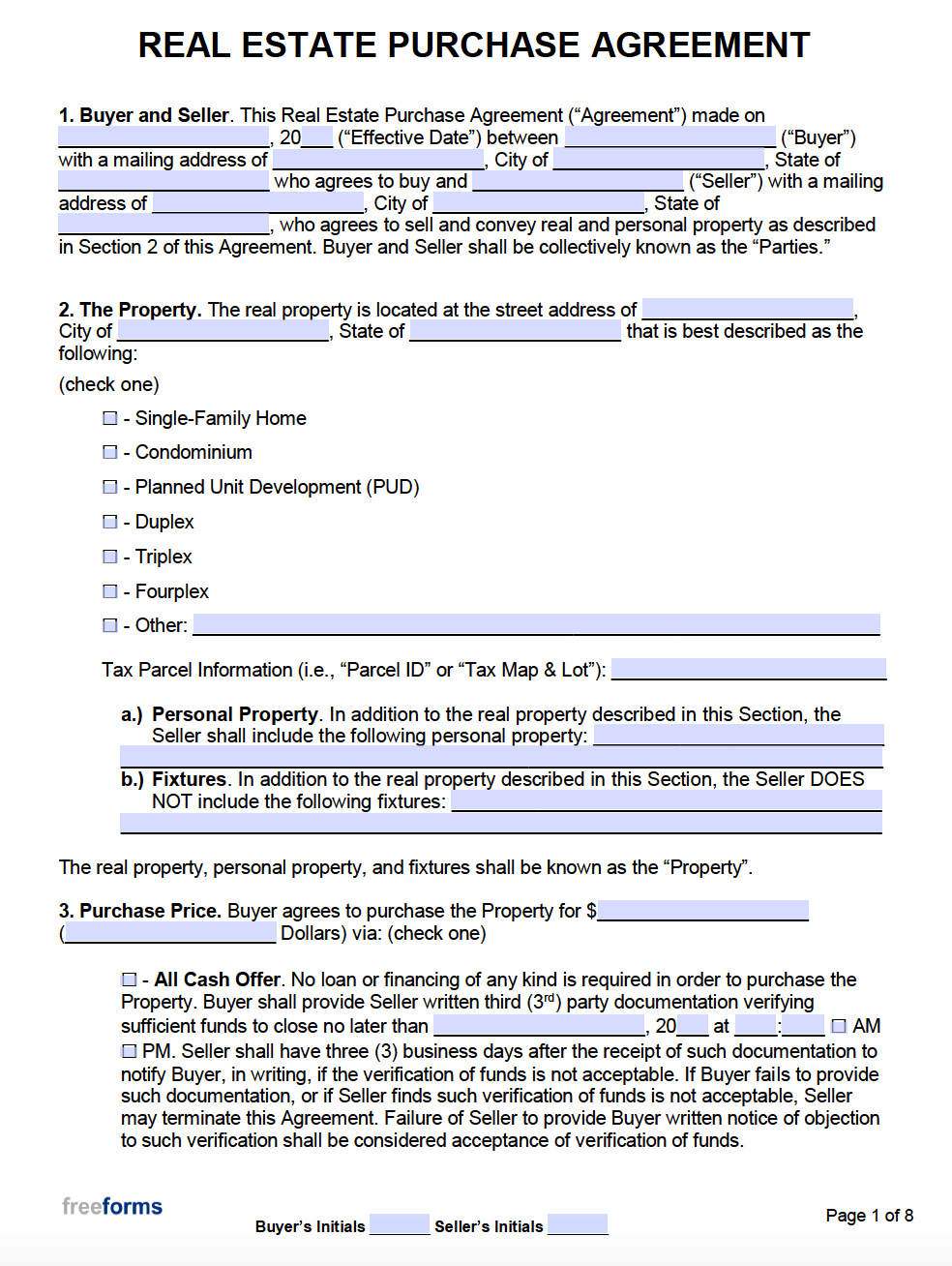 Free Real Estate Purchase Agreements | Pdf | Word in Free Printable Real Estate Purchase Agreement