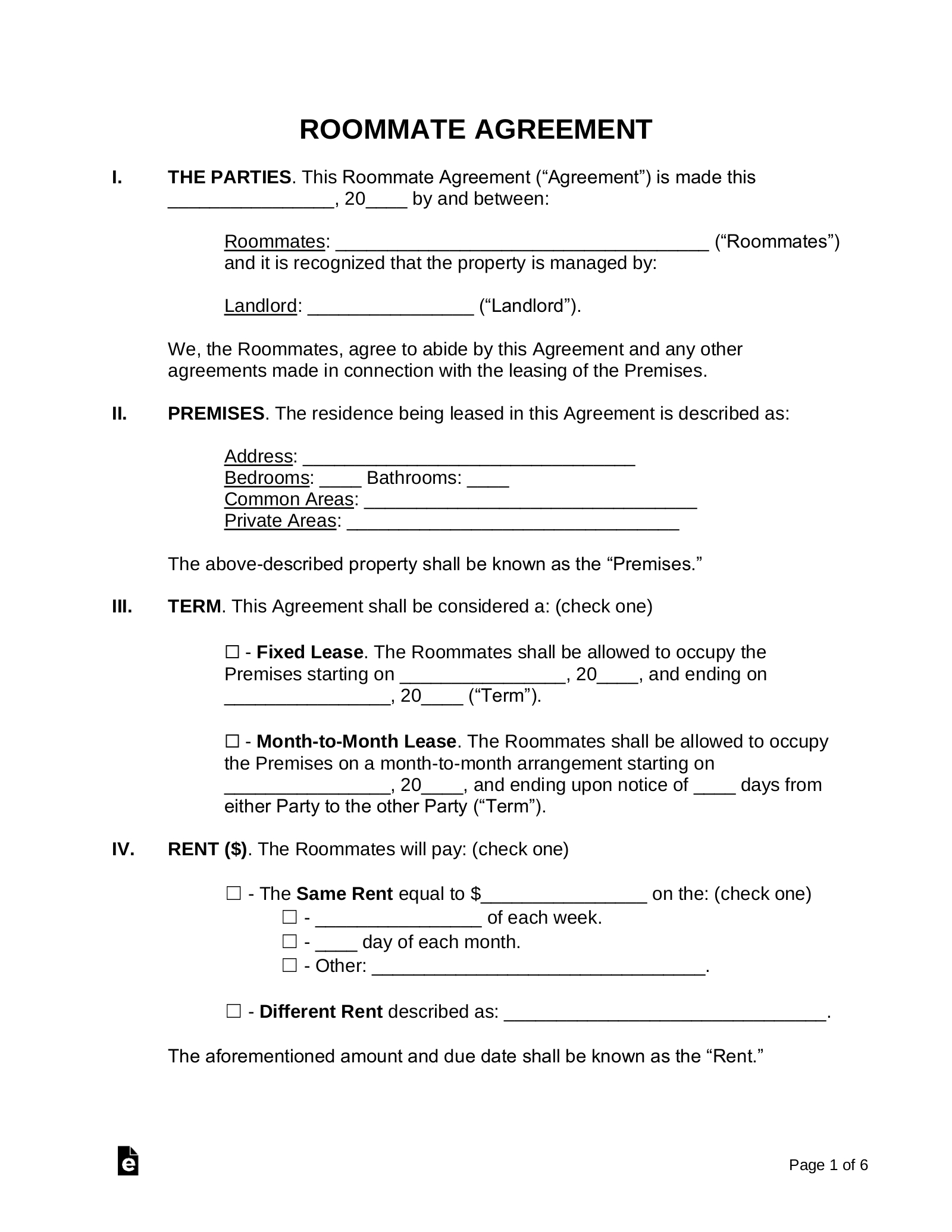 Free Roommate (Room Rental) Agreement Template - Pdf | Word – Eforms for Free Printable Room Rental Agreement
