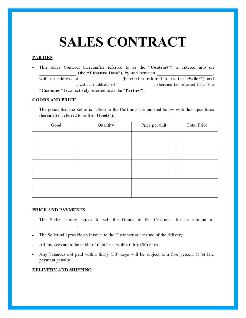 Free Sales Contract Template For Download within Printable Simple Sales Agreement Template