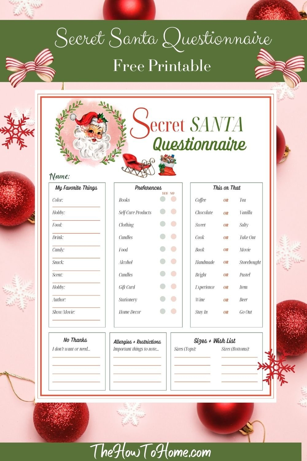 Free Secret Santa Questionnaire Printable: Instant Download - The for Gift Exchange Questionnaire Free Printable