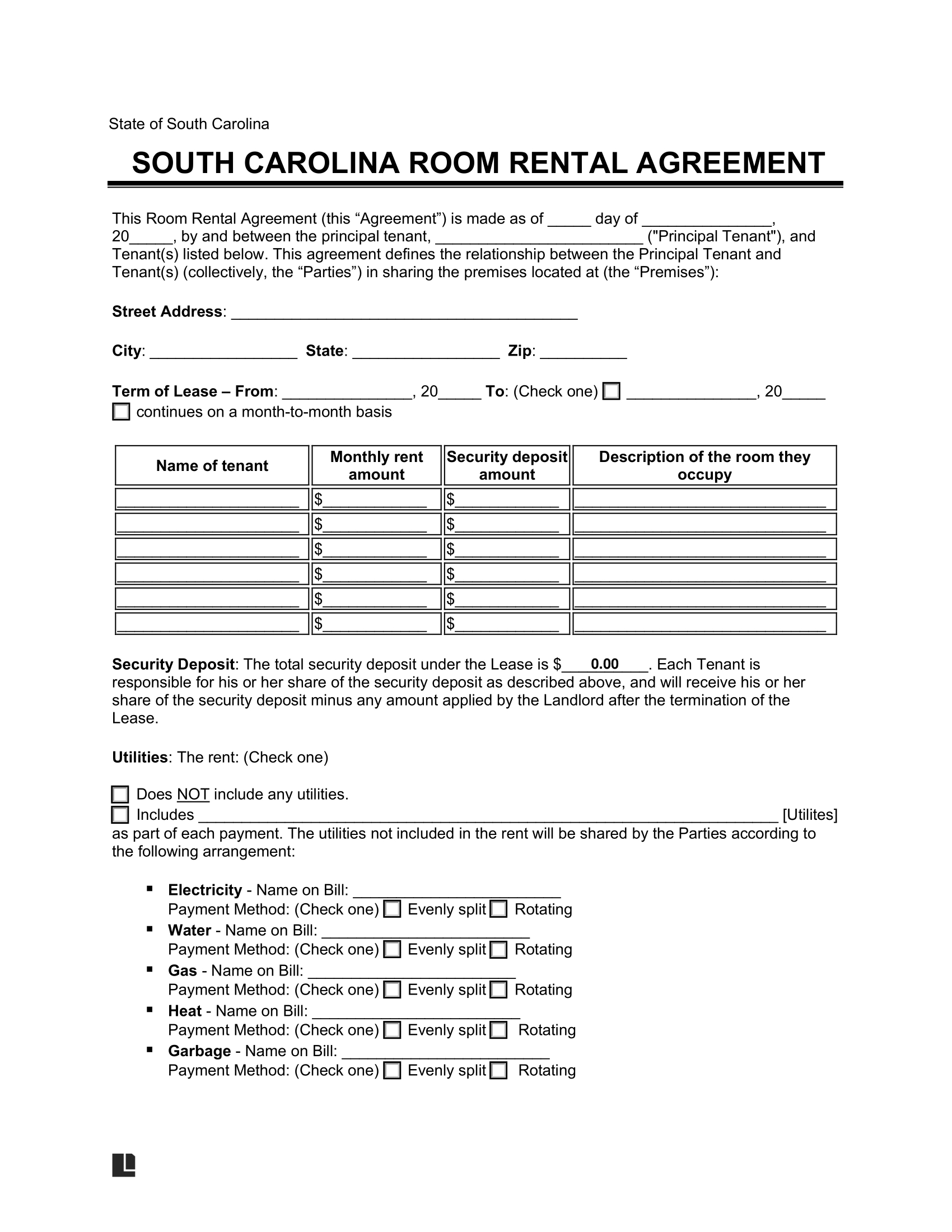 Free South Carolina Room Rental Agreement Template | Pdf & Word for Free Printable Room Rental Agreement