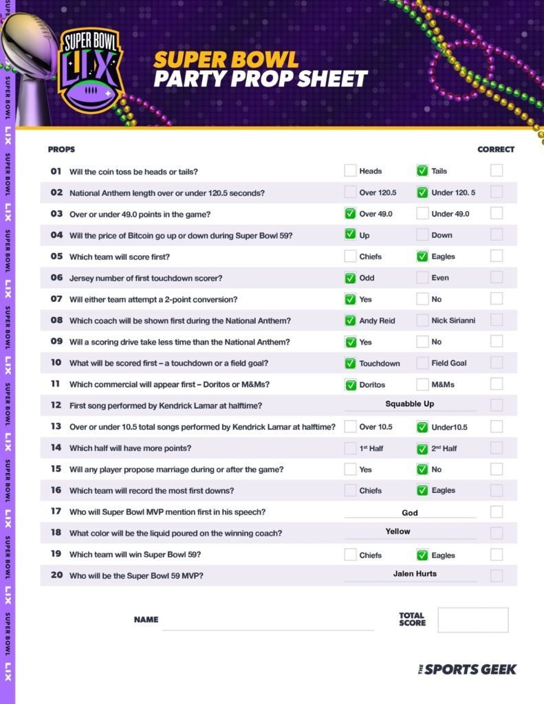 Free Super Bowl Prop Bet Sheet For 2025 (Printable) within Super Bowl Prop Bet Sheet Printable