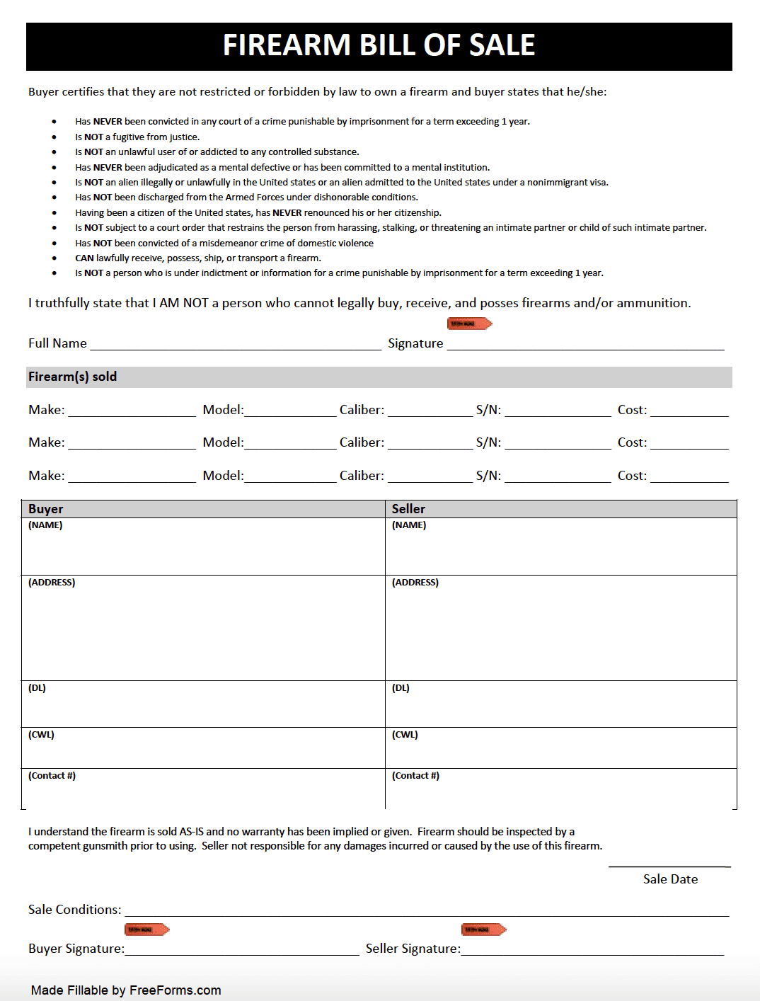 Free Texas Firearm (Gun) Bill Of Sale Form | Pdf with Printable Bill of Sale For Gun