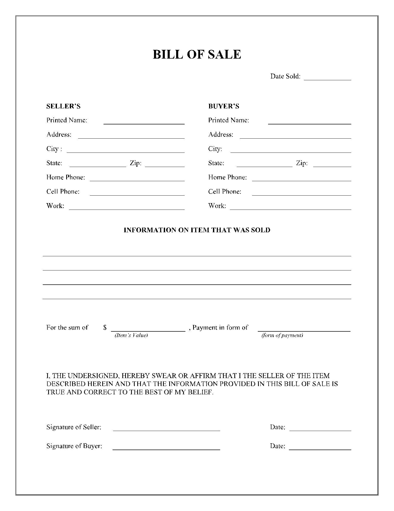 General Bill Of Sale Template (100% Free) | Cocosign inside Bill of Sale Printable Form