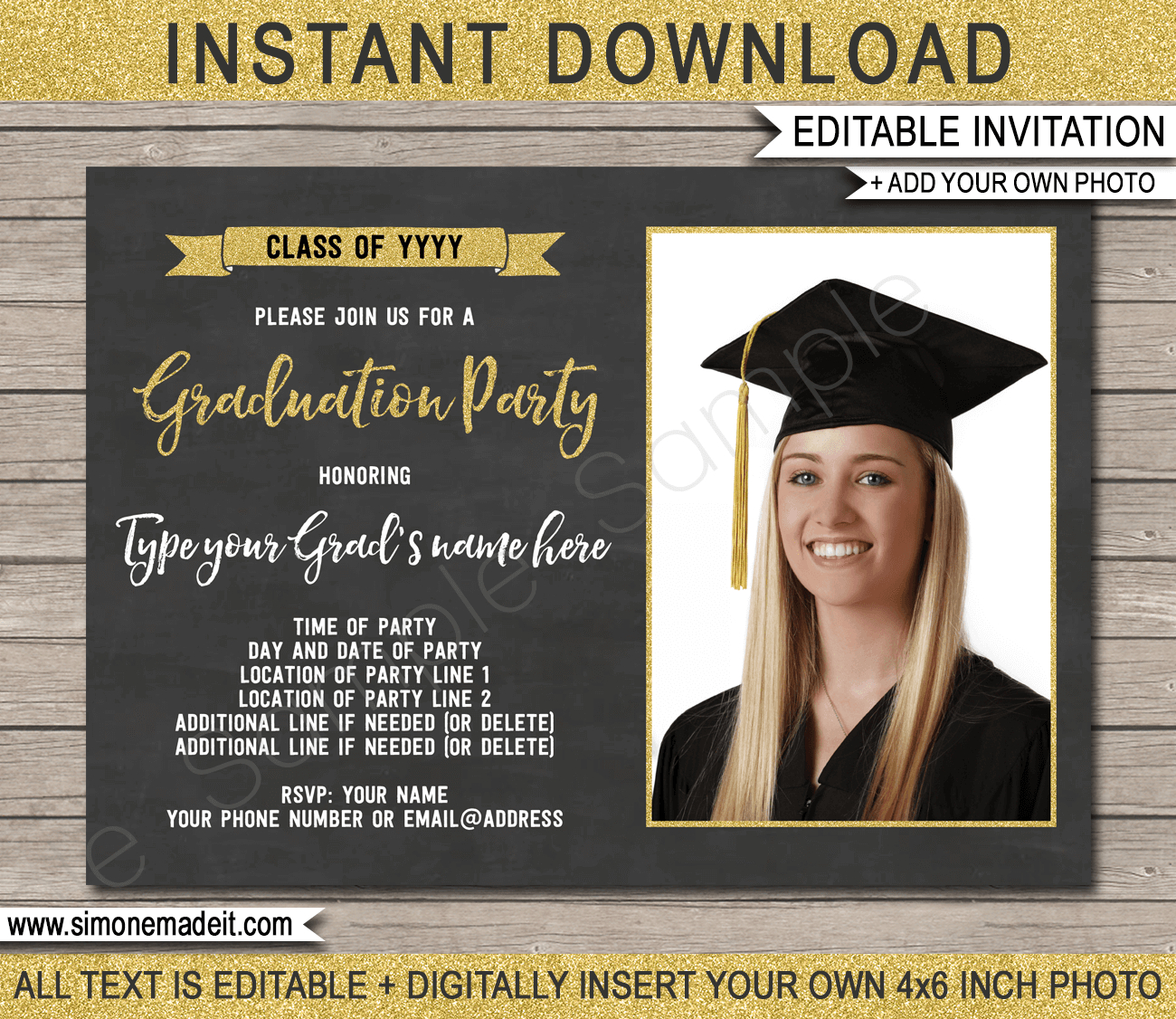 Graduation Photo Invitations Template - Gold Glitter & Chalkboard regarding Free Printable Grad Party Invites
