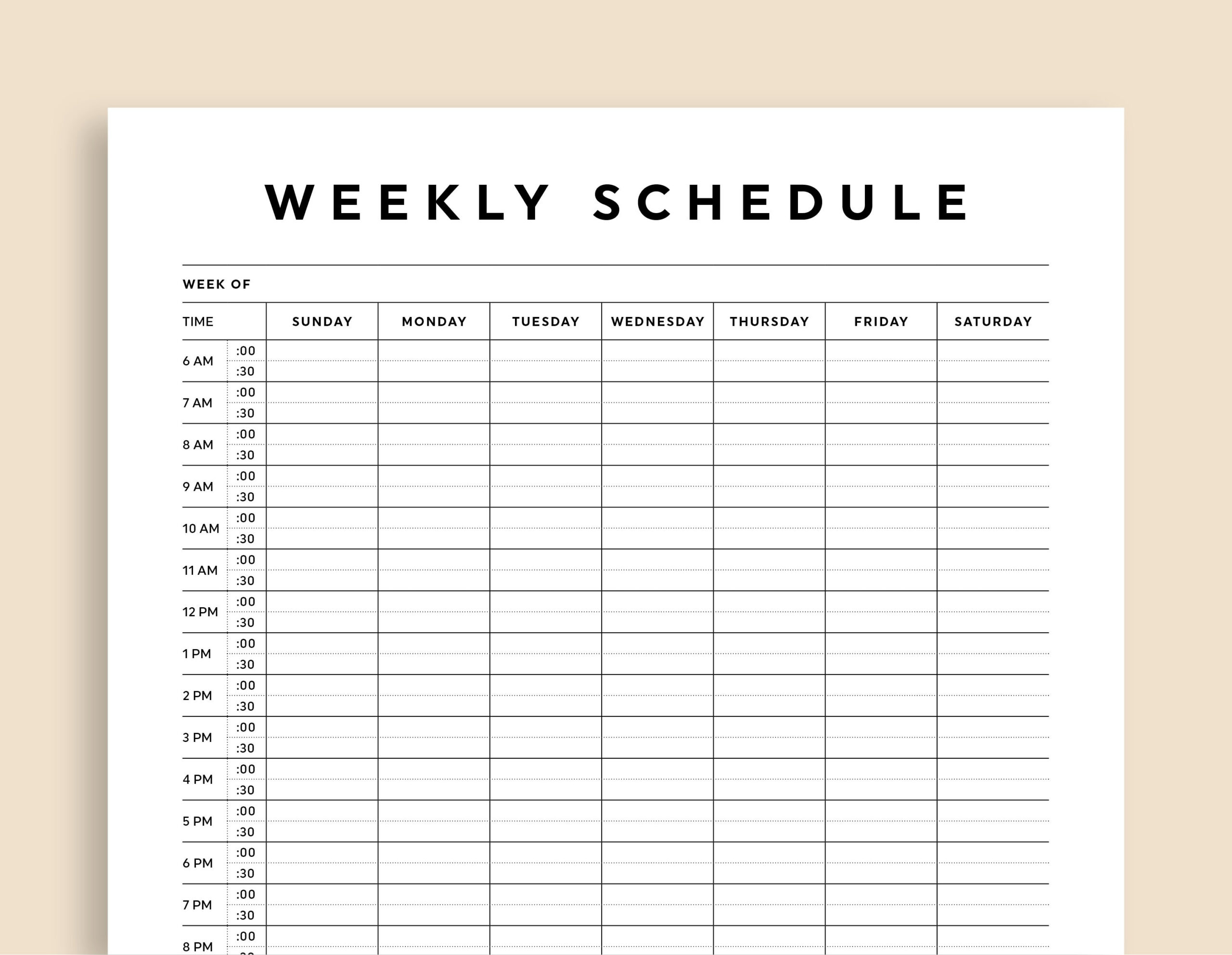 Half Hour Weekly Schedule Printable, Half Hour Daily Schedule within Printable Weekly Schedule With Hours
