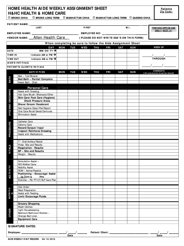 Home Health Aide Weekly Assignment Sheet Form - Fill Online throughout Free Printable Cna Daily Assignment Sheets
