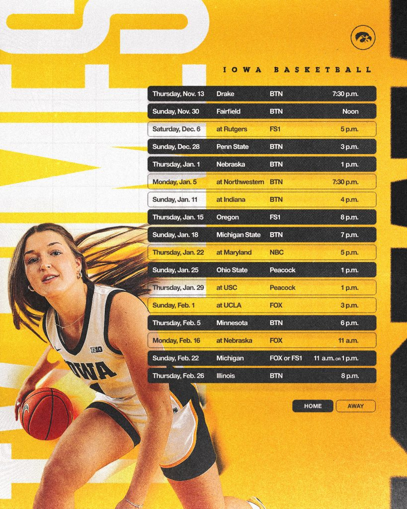 Iowa/Big Ten Announce Start Times, Television For Select 2025-26 inside Iowa Hawkeye Basketball Printable Schedule