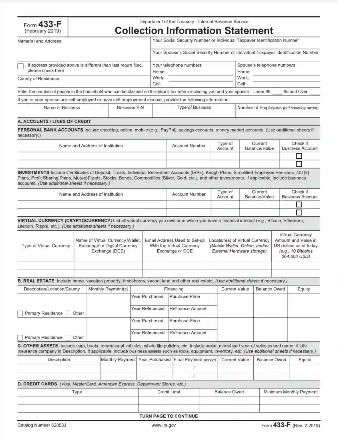 Irs Form 433-F ≡ Fill Out Printable Pdf Forms Online within Irs Form 433 D Printable