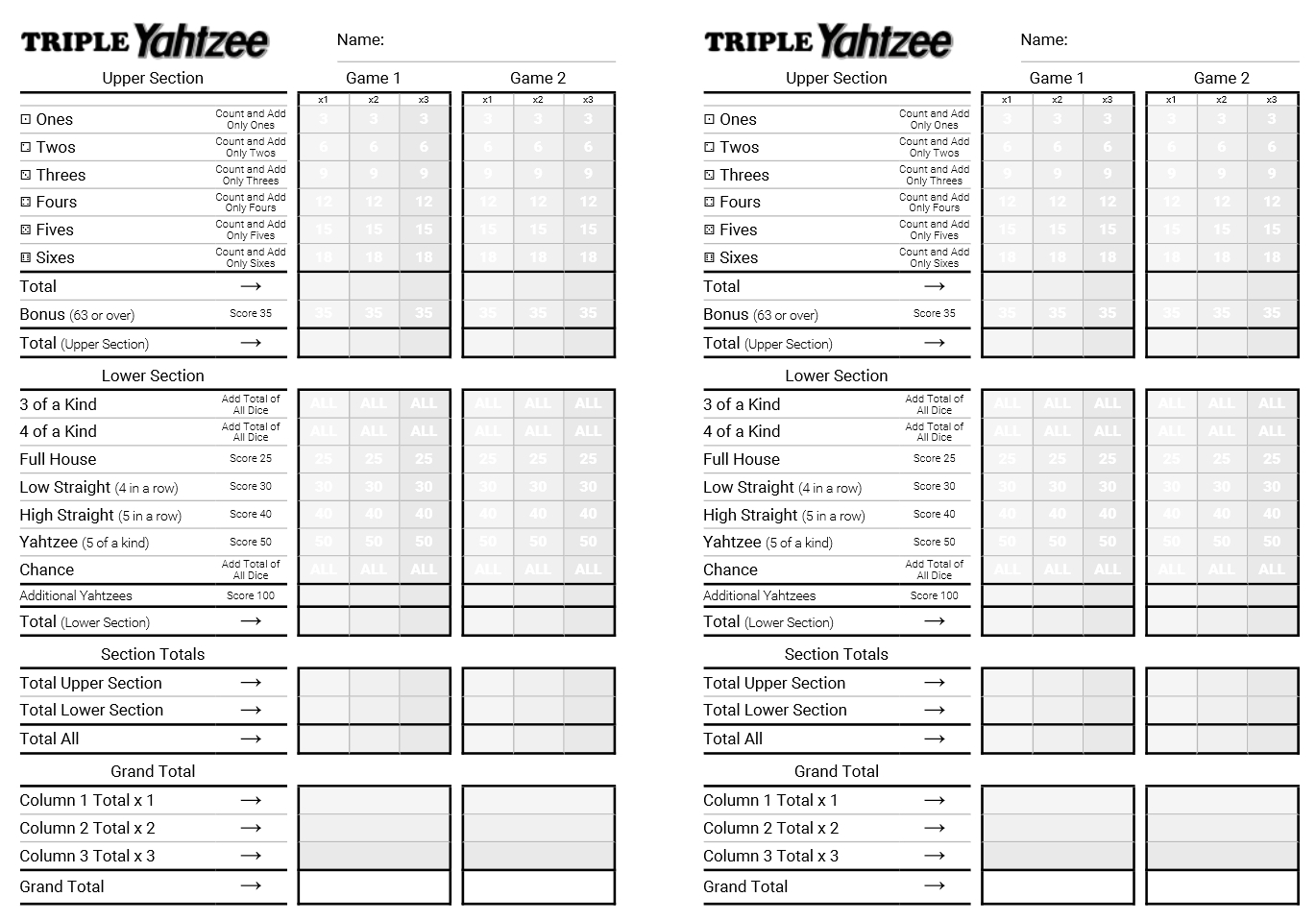 Kingofmycastle | Triple Yahtzee Printable Html Score Sheets with Triple Yahtzee Printable Score Sheet