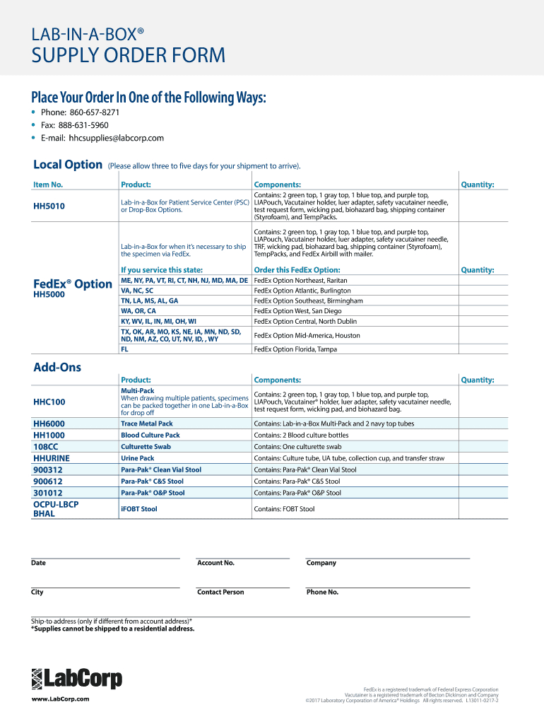Labcorp Supply Order List - Fill Online, Printable, Fillable pertaining to Printable Labcorp Supply Order Form