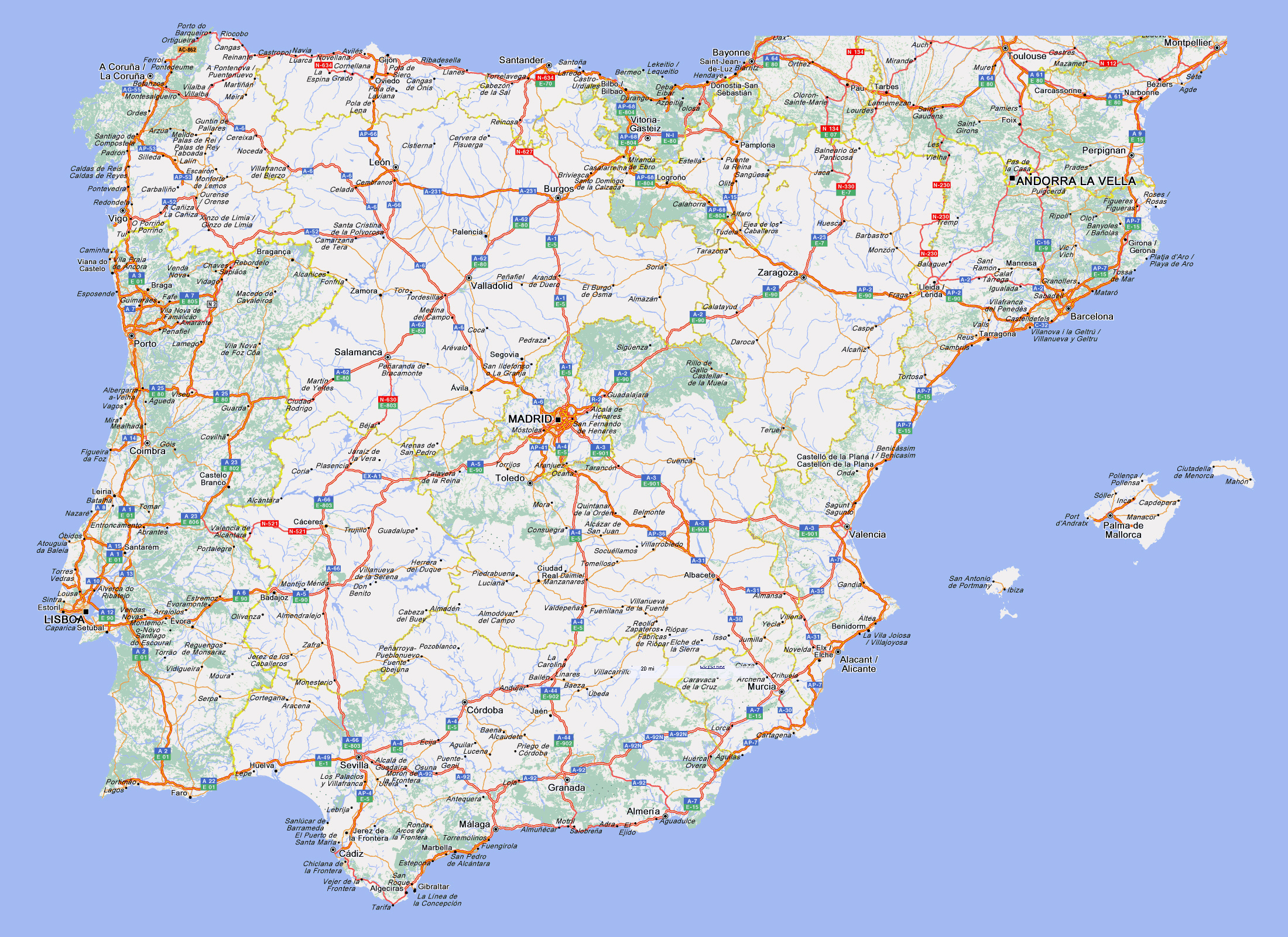 Large Detailed Highways Map Of Spain And Portugal With Cities with regard to Printable Map Of Spain And Portugal