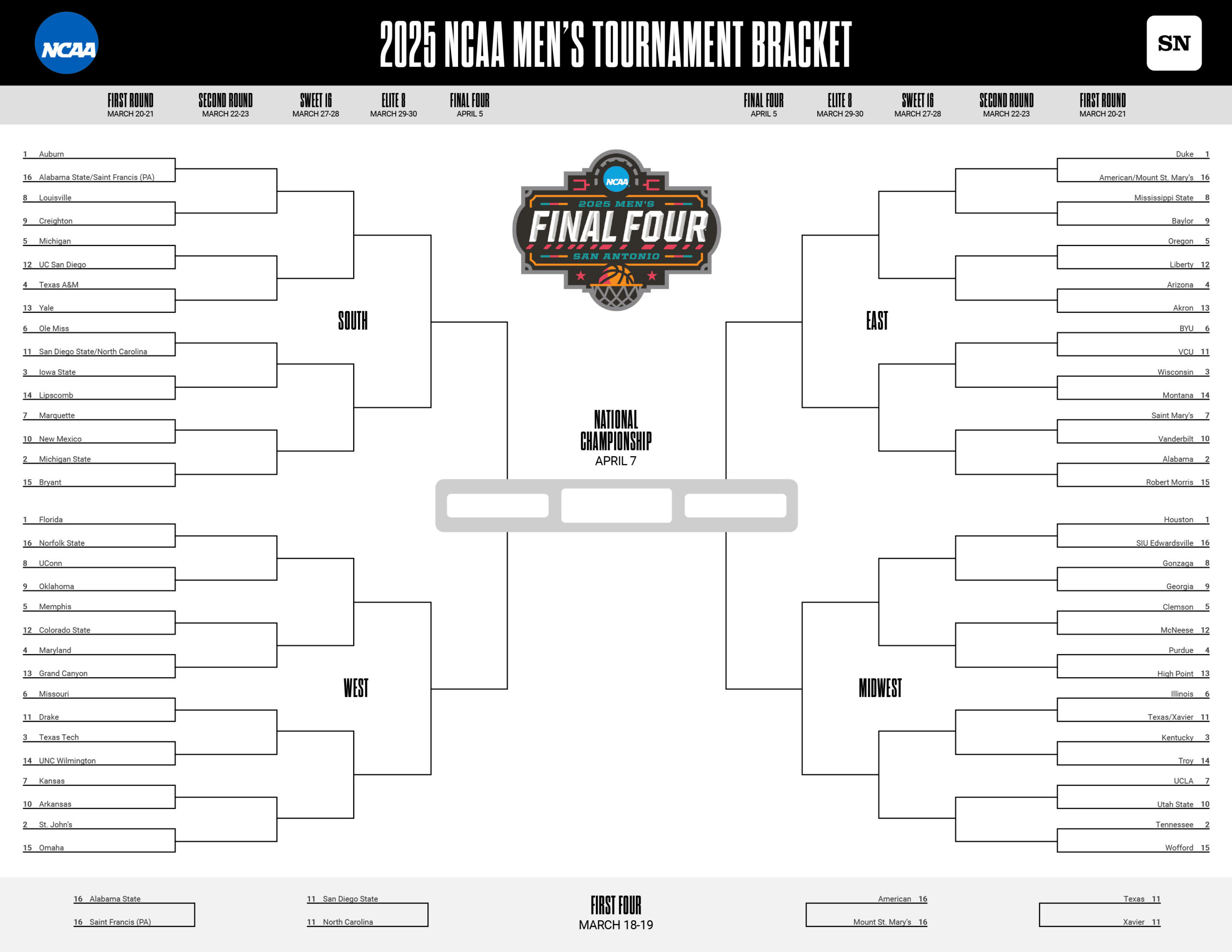March Madness Printable Bracket: Download A Free 2025 Ncaa throughout Ncaa Men's Brackets Printable
