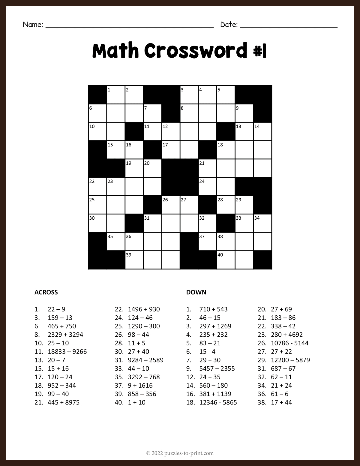 Math Crossword 1 regarding Free Math Crossword Puzzles Printable