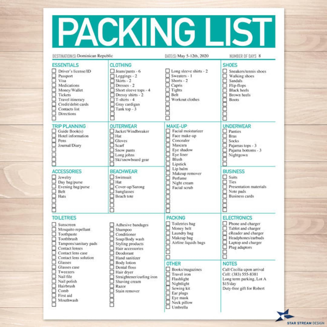 Modern Bright Aqua Printable Packing List, 8.5"X11", Editable Pdf, Instant Download Checklist - Etsy.de for Printable Packing List For Beach Vacation