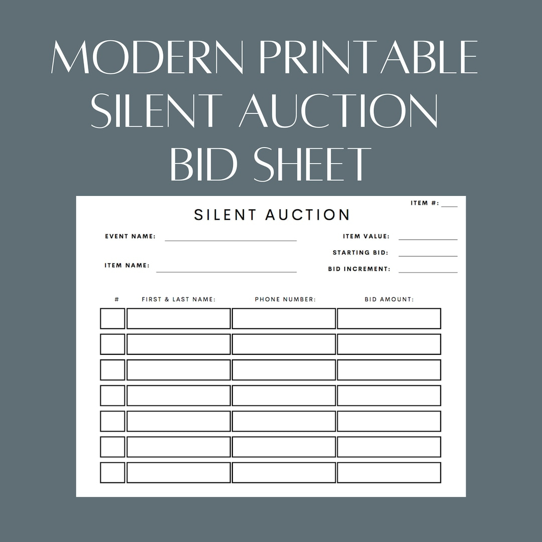 Modernes, Druckbares Stilles Auktions-Bid Sheet (Pdf-Datei inside Silent Auction Bid Sheet Printable