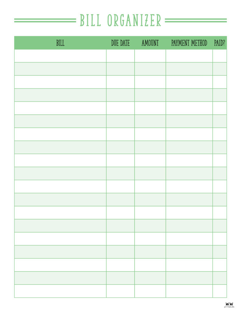 Monthly Bill Organizers - 18 Free Printables | Printabulls for Free Printable Monthly Bill Payment Log