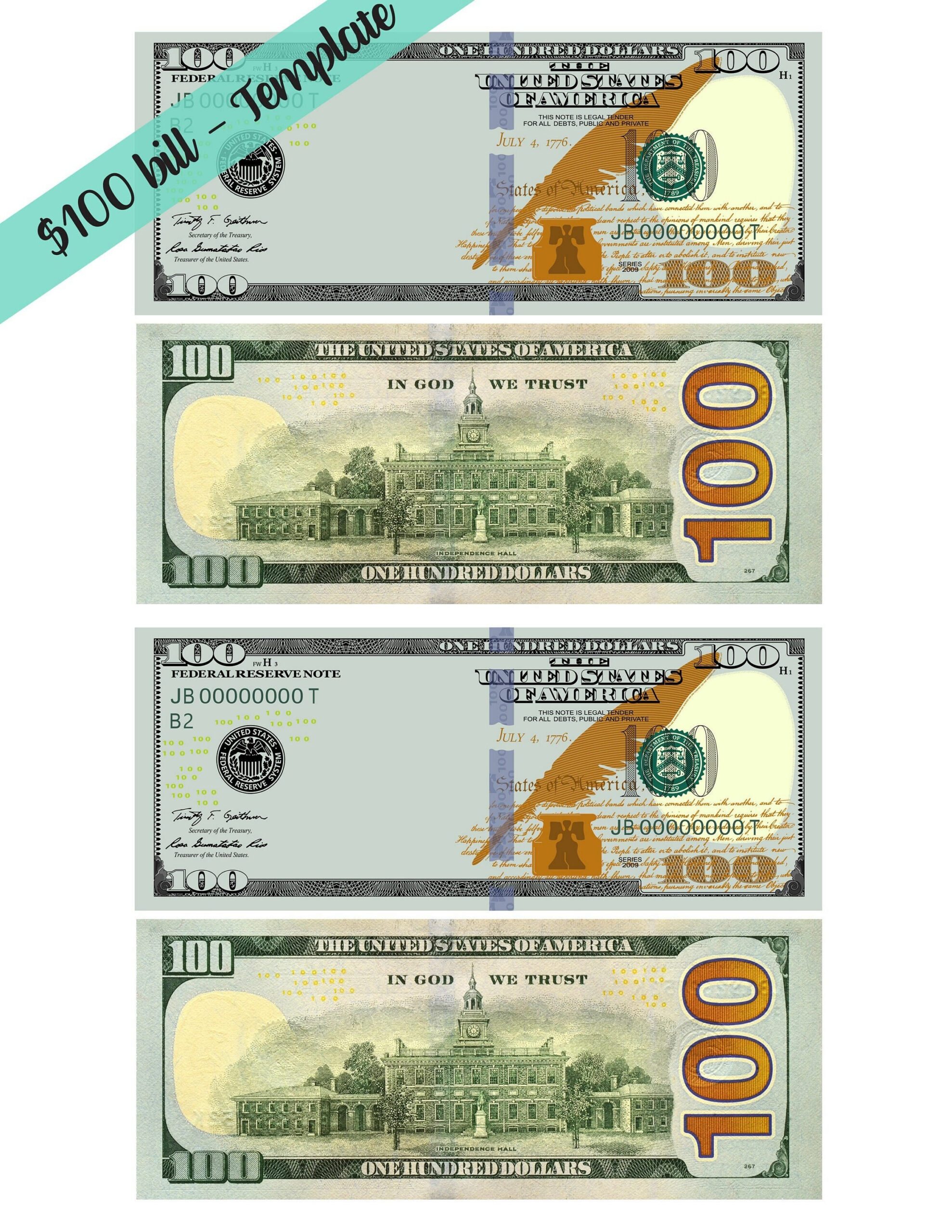 New 100 Dollar Bill Template - Letter Page With 4 Real Size Dollar throughout Printable Real 100 Dollar Bill