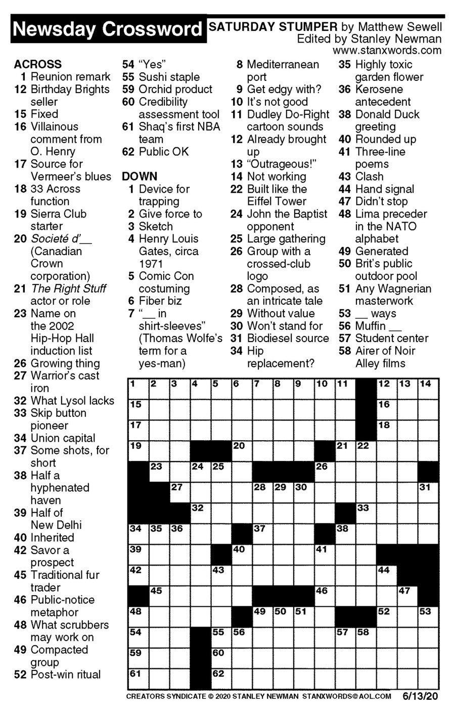 Newsday Crossword Puzzle For Jun 13, 2020,Stanley Newman with regard to Newsday Sunday Crossword Printable