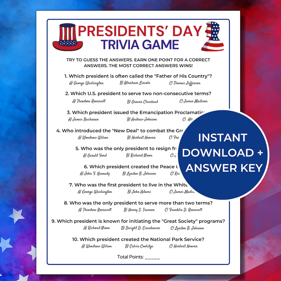 Präsidenten Day Quizspiel, Druckbare Präsidenten Day Spiele, Us in Presidents Day Trivia Questions and Answers Printable
