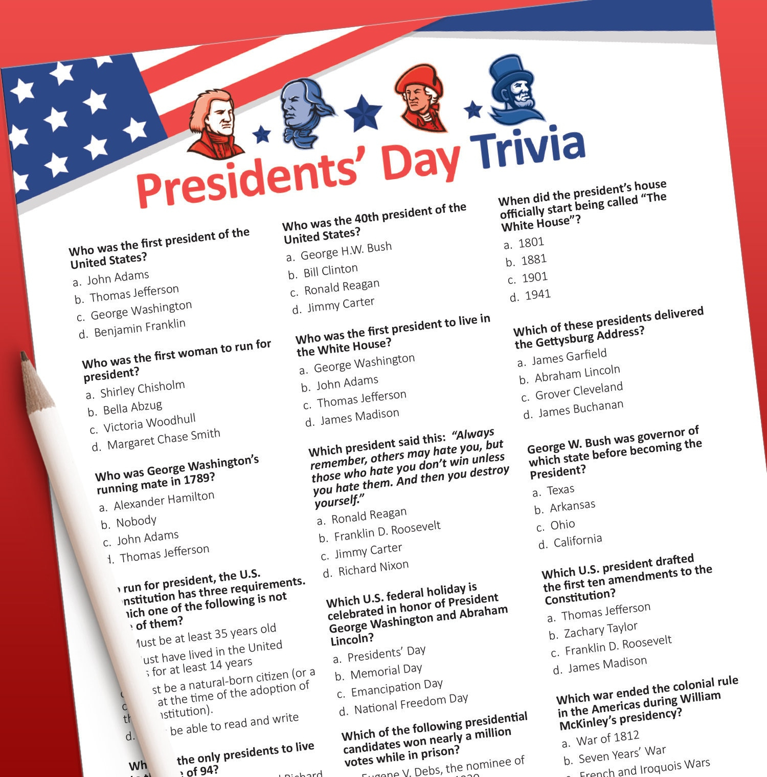 Presidents Day Trivia Game, Presidents Day Game, Us Presidents throughout Presidents Day Trivia Questions and Answers Printable