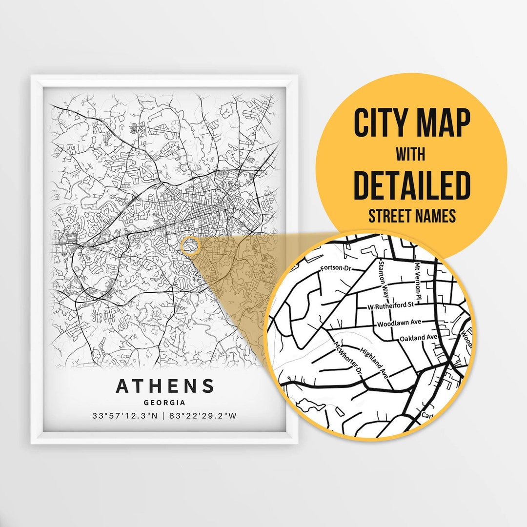 Printable Map Of Athens, Georgia, Usa With Street Names - Instant Download City Map Travel Gift City Poster Road Map Print - Etsy pertaining to Printable Map Of Athens Ga