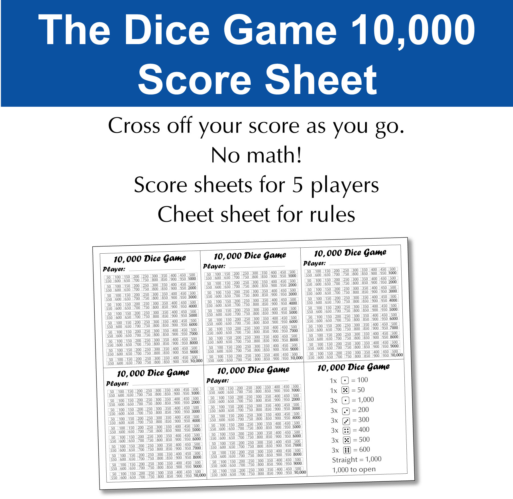 Printable Rules And Score Sheet For The Dice Game 10,000 For Easy in 10 000 Dice Game Score Sheet Printable