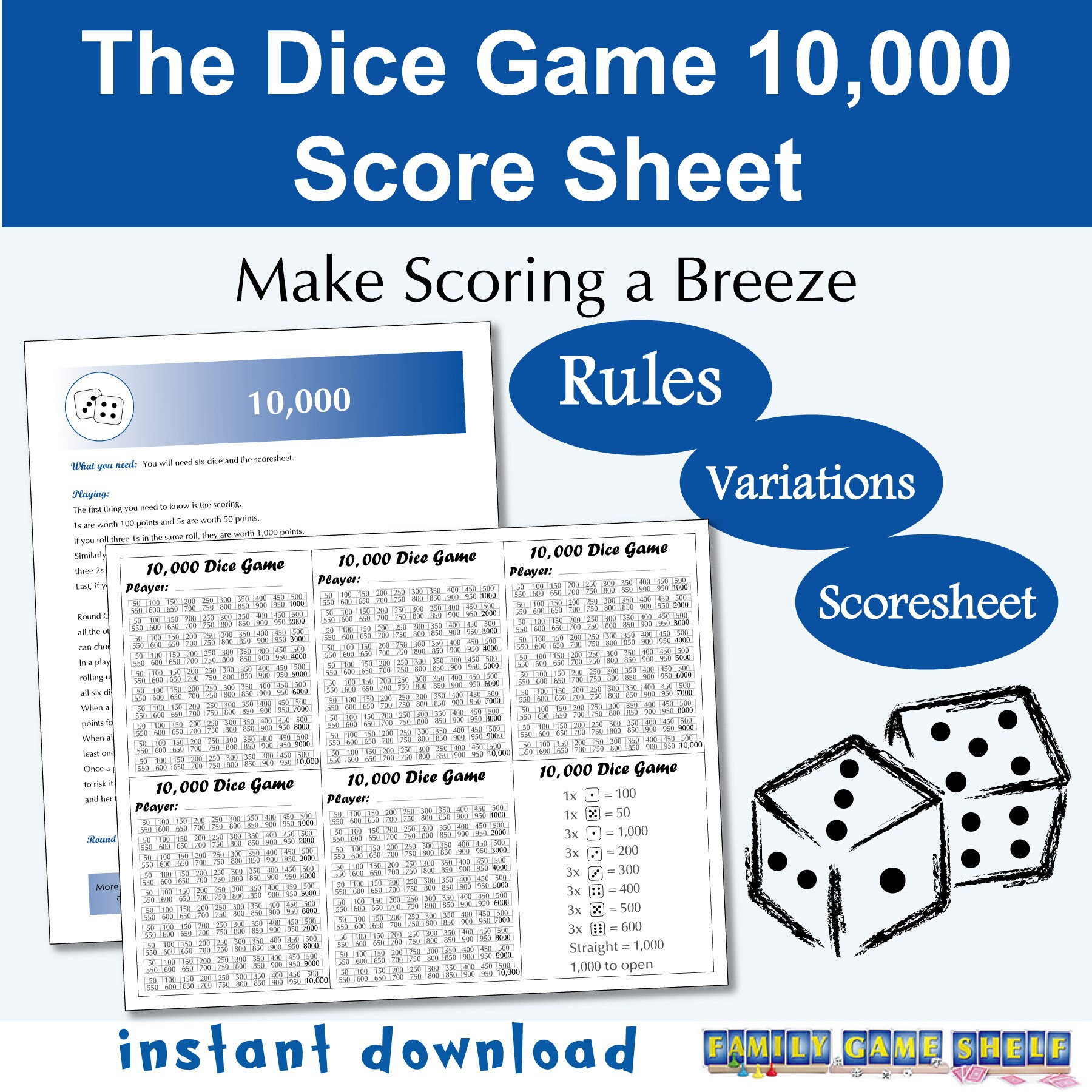 Printable Rules And Score Sheet For The Dice Game 10,000 For Easy with 10 000 Dice Game Score Sheet Printable