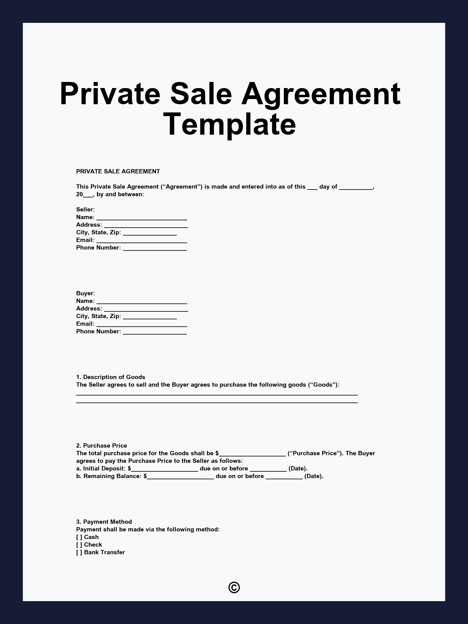 Private Sale Agreement Template with Printable Simple Sales Agreement Template