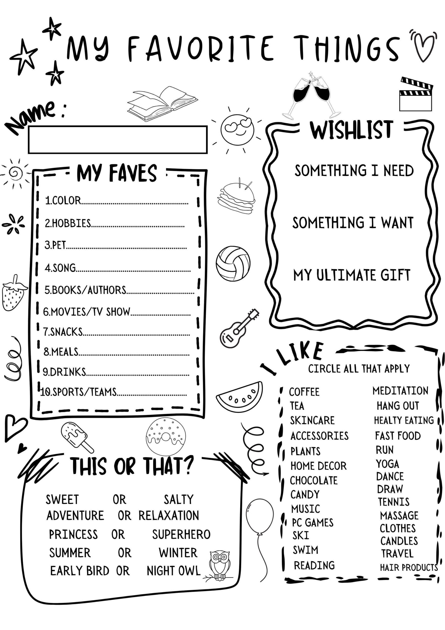 Questionnaire Free Printable Teacher Favorite Things Form Just A inside Just A Few Of Your Favorite Things Printable