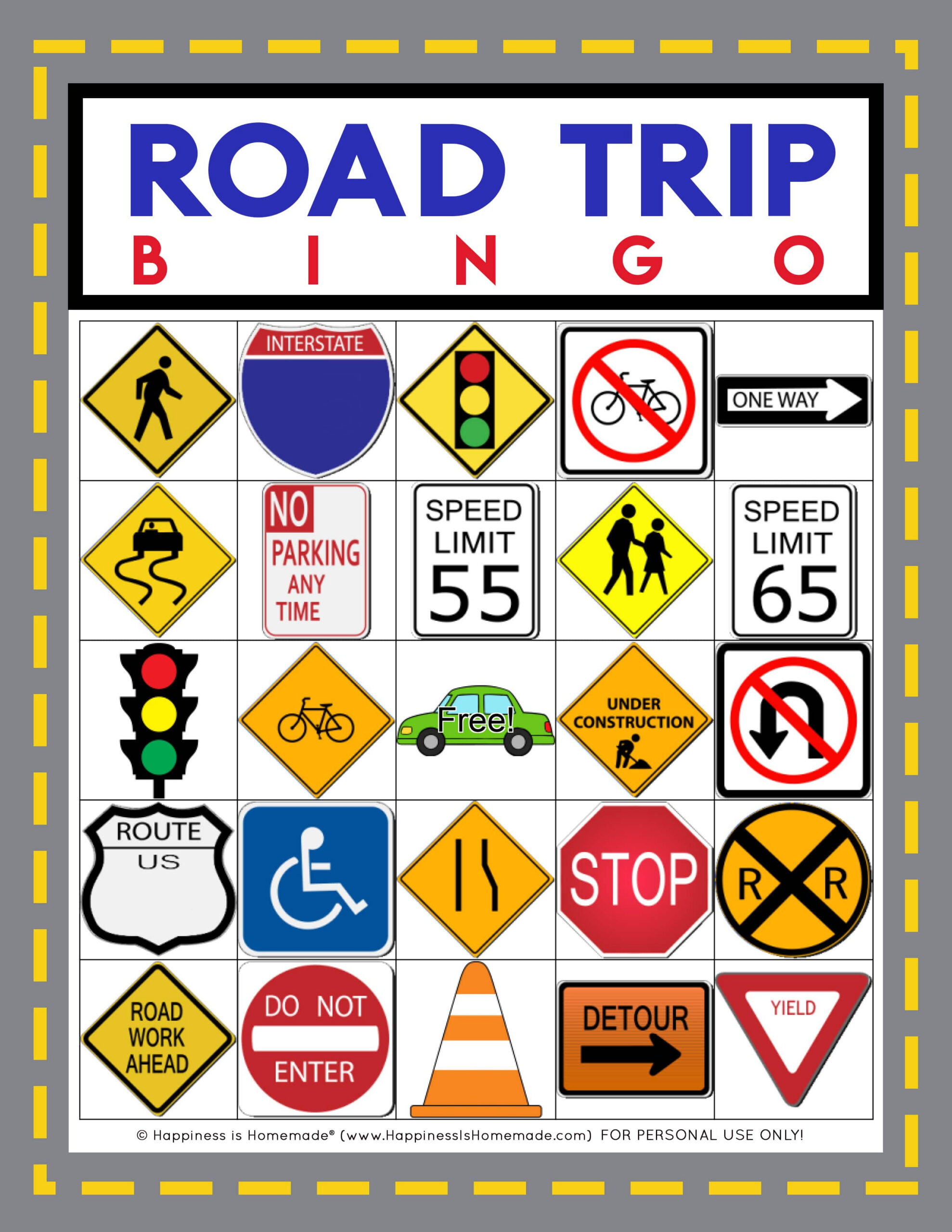 Road Trip Bingo Game - Free Printable - Happiness Is Homemade within Road Trip Bingo Printable Free