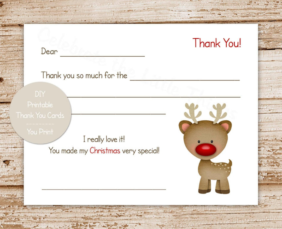 Rudolph Christmas Thank You Cards For Kids (Printable Pdf) - Etsy throughout Christmas Thank You Notes Printable