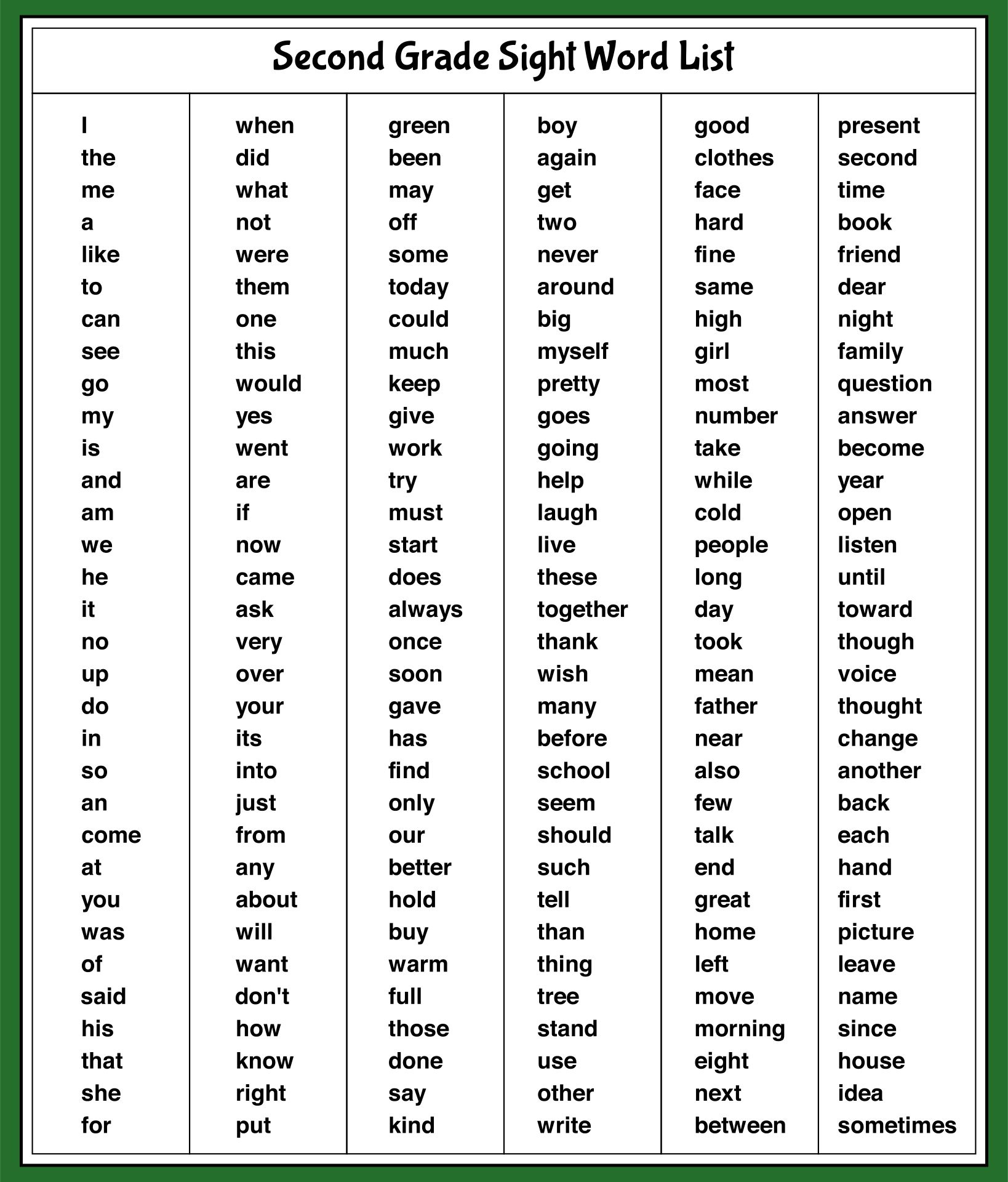 Second Grade Sight Words List - 10 Free Pdf Printables intended for Second Grade Sight Words Printable