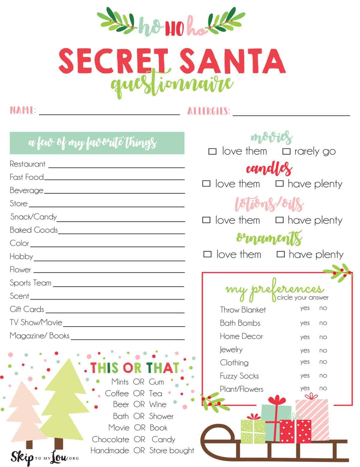 Secret Santa Questionnaire | Skip To My Lou inside Secret Santa Questionnaire Free Printable