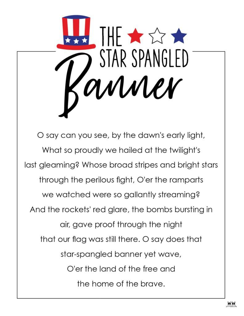 Star Spangled Banner Lyrics - 10 Free Printables | Printabulls for Usa National Anthem Lyrics Printable
