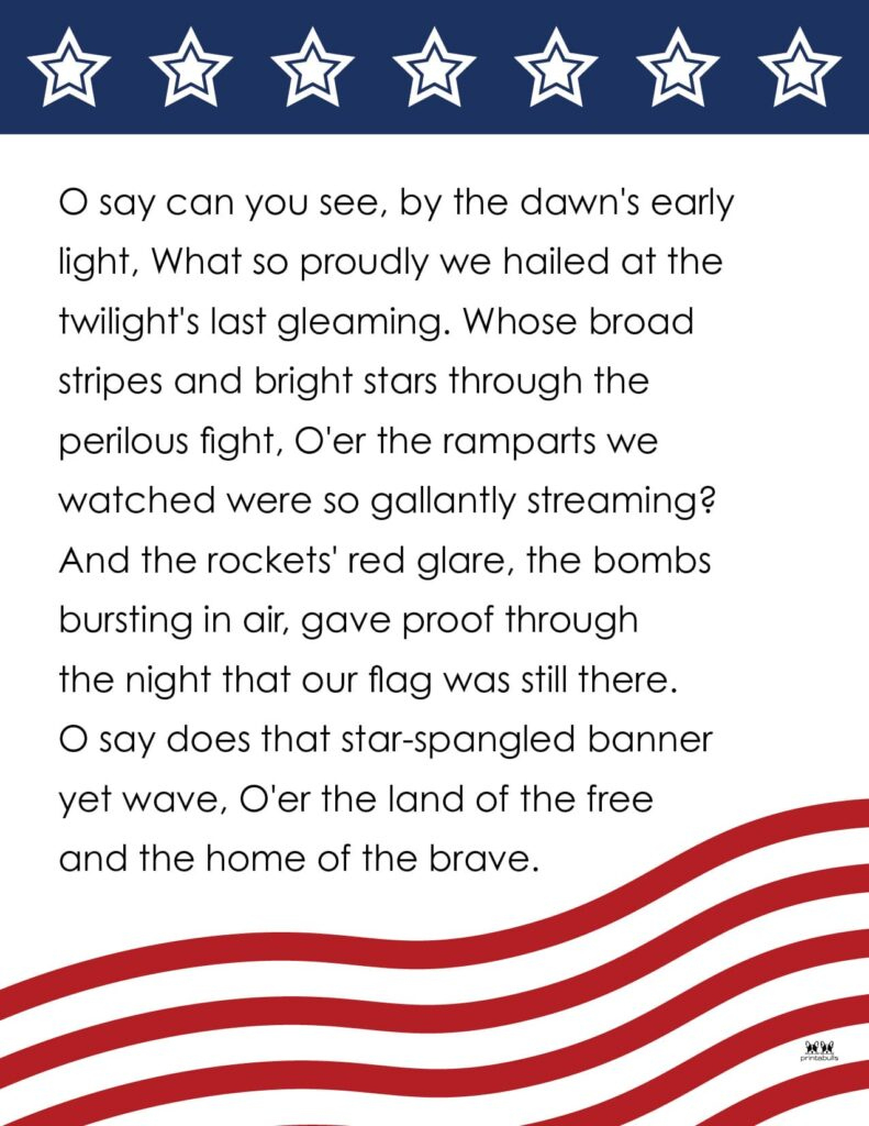 Star Spangled Banner Lyrics - 10 Free Printables | Printabulls inside Usa National Anthem Lyrics Printable