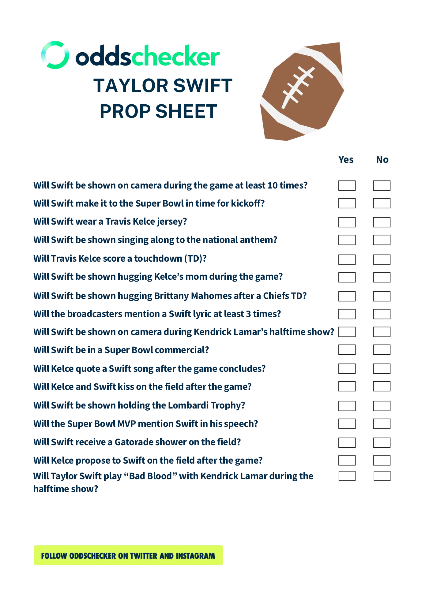 Taylor Swift Prop Bet Sheet For Super Bowl 2025 [Printable] with regard to Super Bowl Prop Bet Sheet Printable