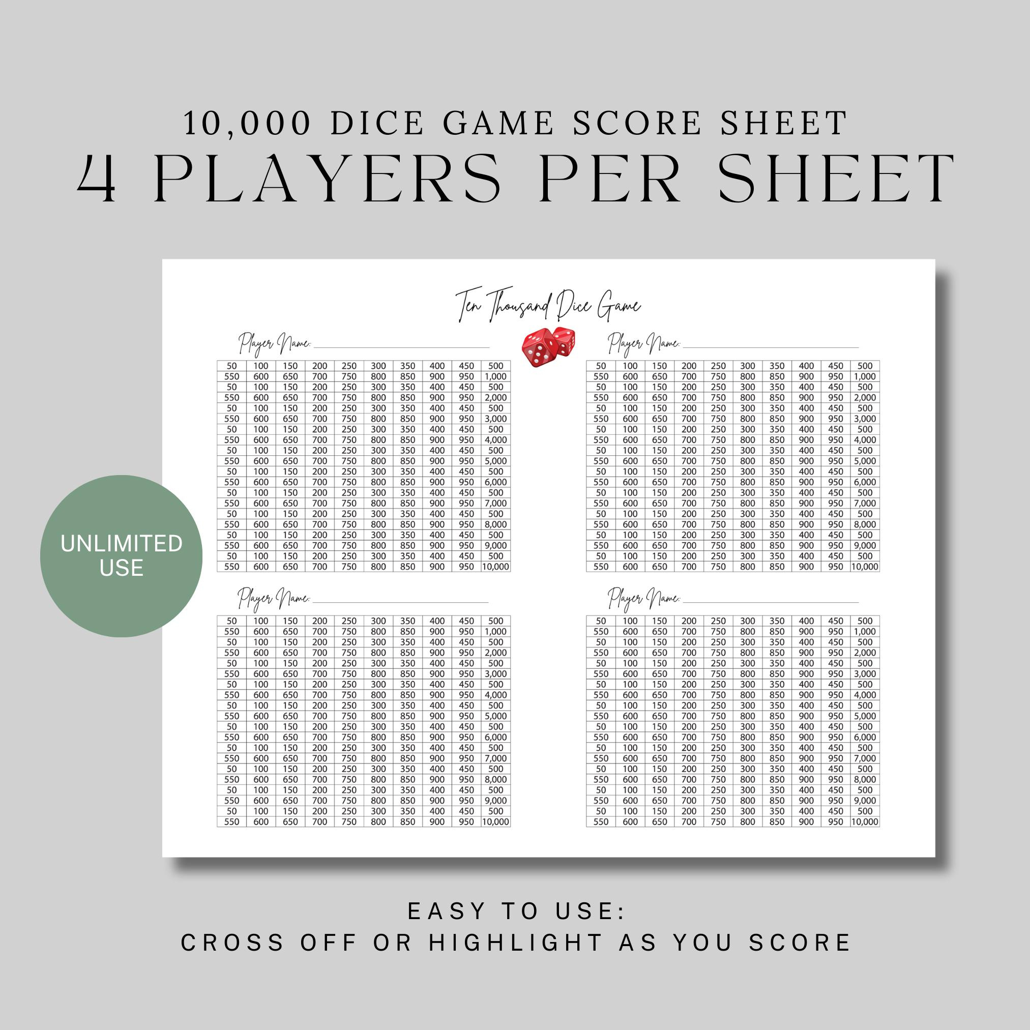 Ten Thousand Dice Game Set: Printable Score Sheet (Pdf) - Etsy Uk regarding 10 000 Dice Game Score Sheet Printable