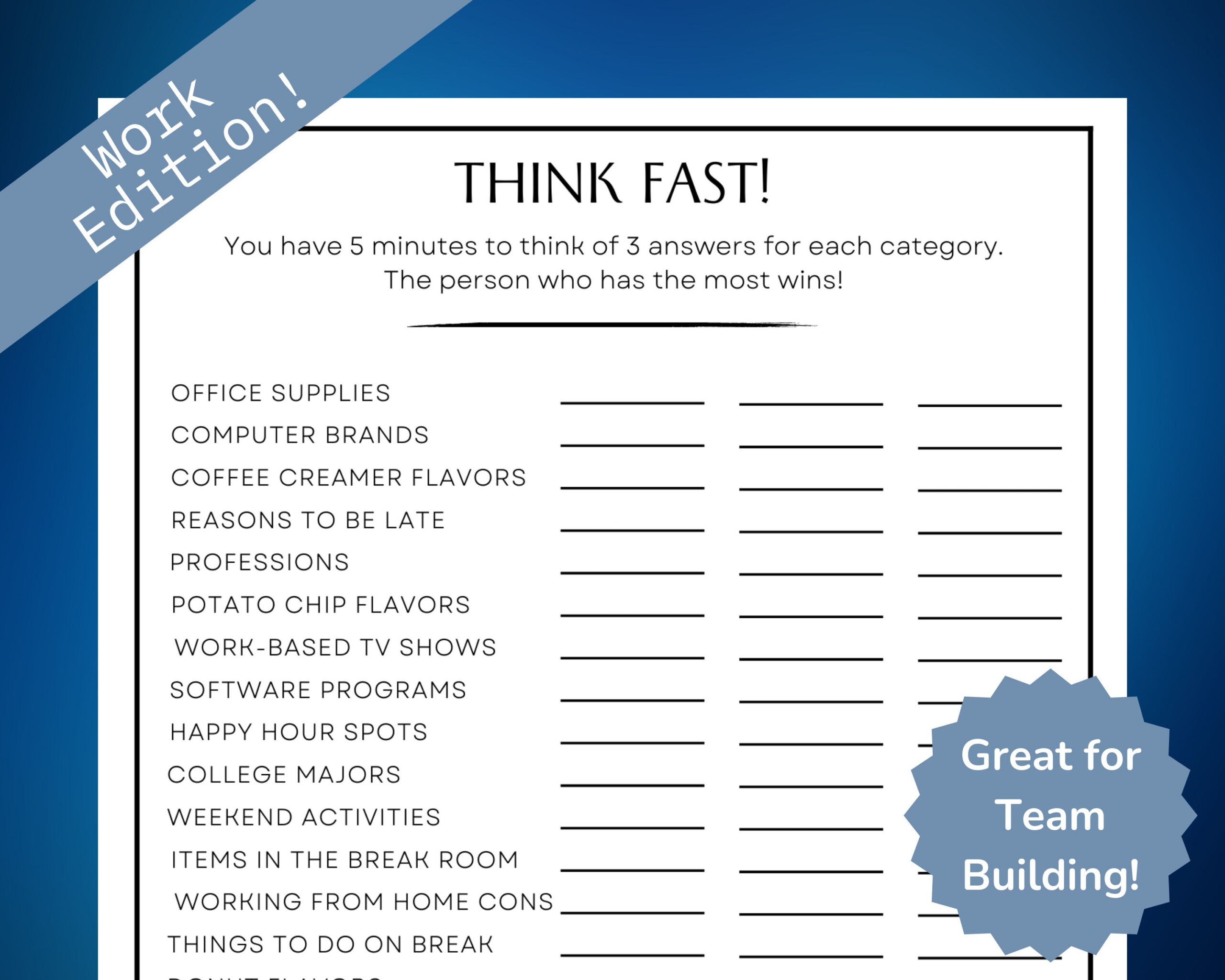 Think Fast Office Party Game, Team Building Game For Employees inside Printable Team Building Activities For Work