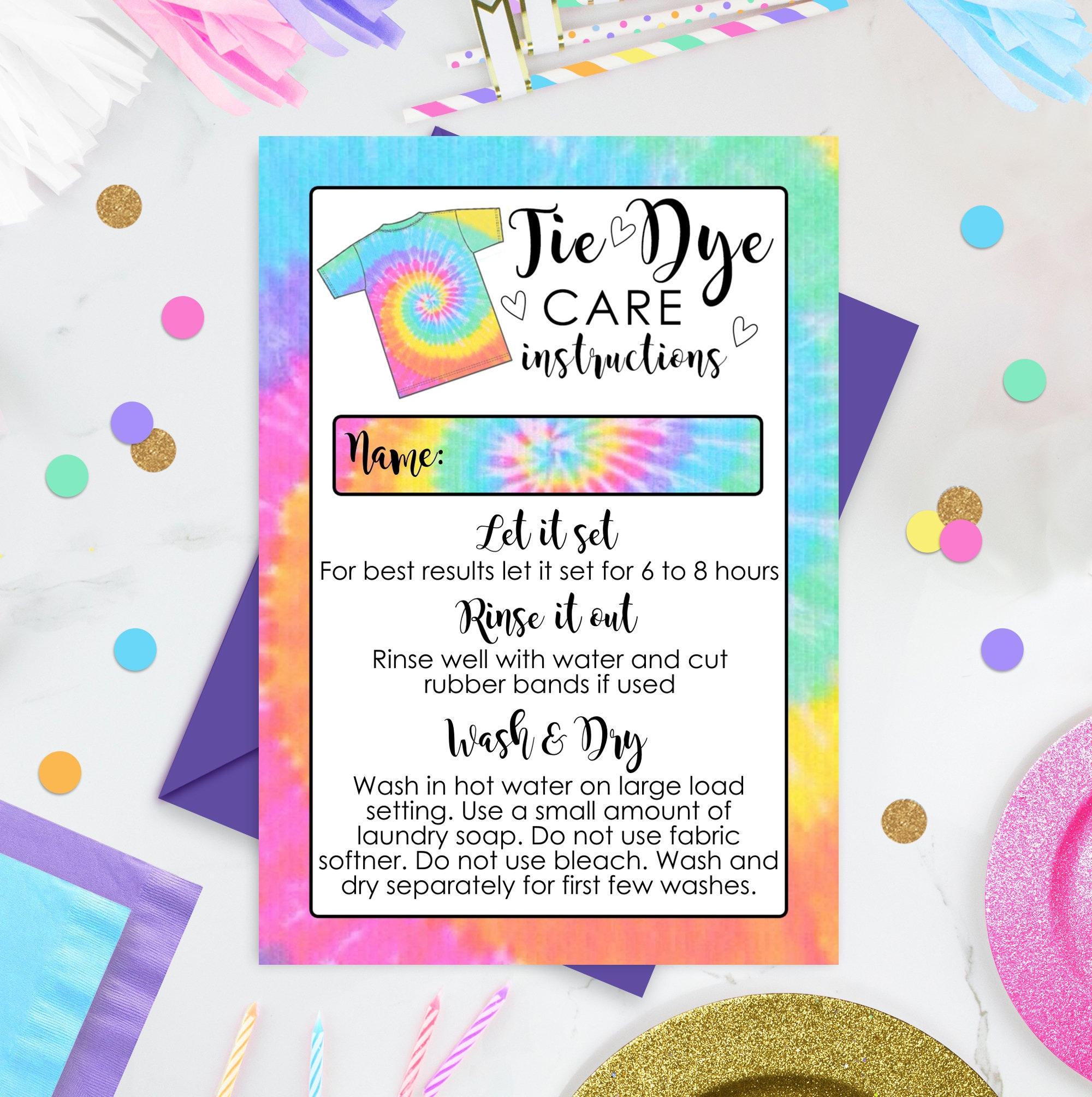 Tie Dye Care Instructions Card: Rainbow Design (Digital Download throughout Tie Dye Washing Instructions Printable