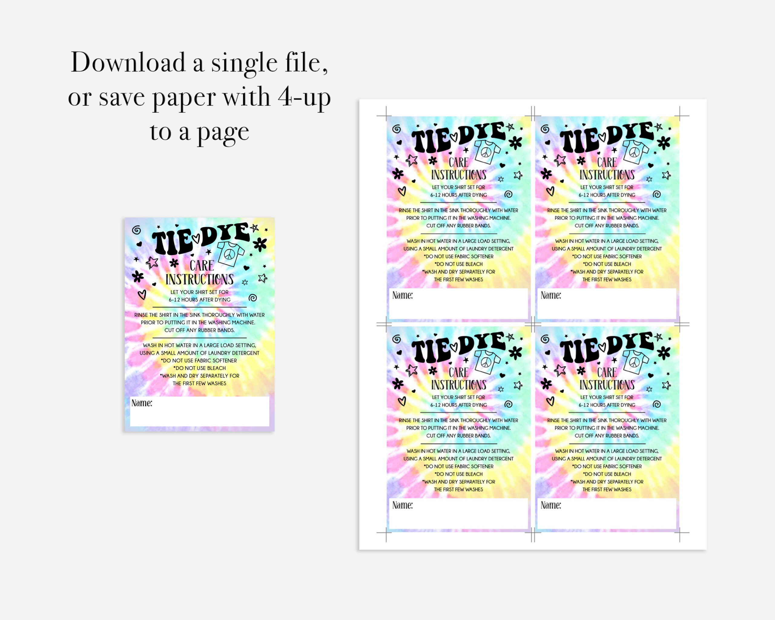 Tie Dye Party Wash Instruction Card Template / Tie Dye T-Shirt for Tie Dye Washing Instructions Printable