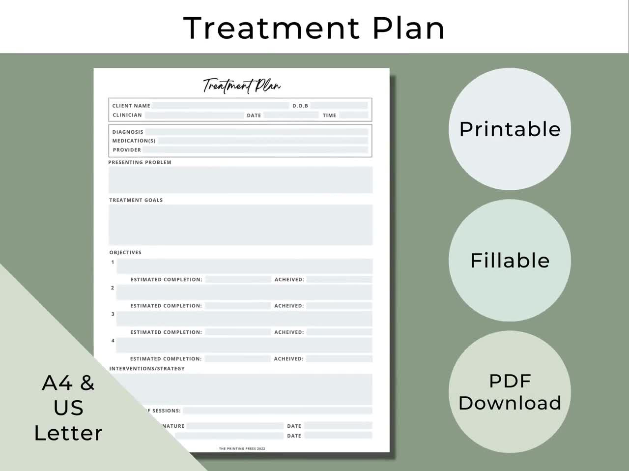 Treatment Plan Template, Treatment Plan Counseling, Therapy Tools, Printable & Fillable, Therapy Notes Example Template, Counseling Template within Free Printable Counseling Treatment Plan Template