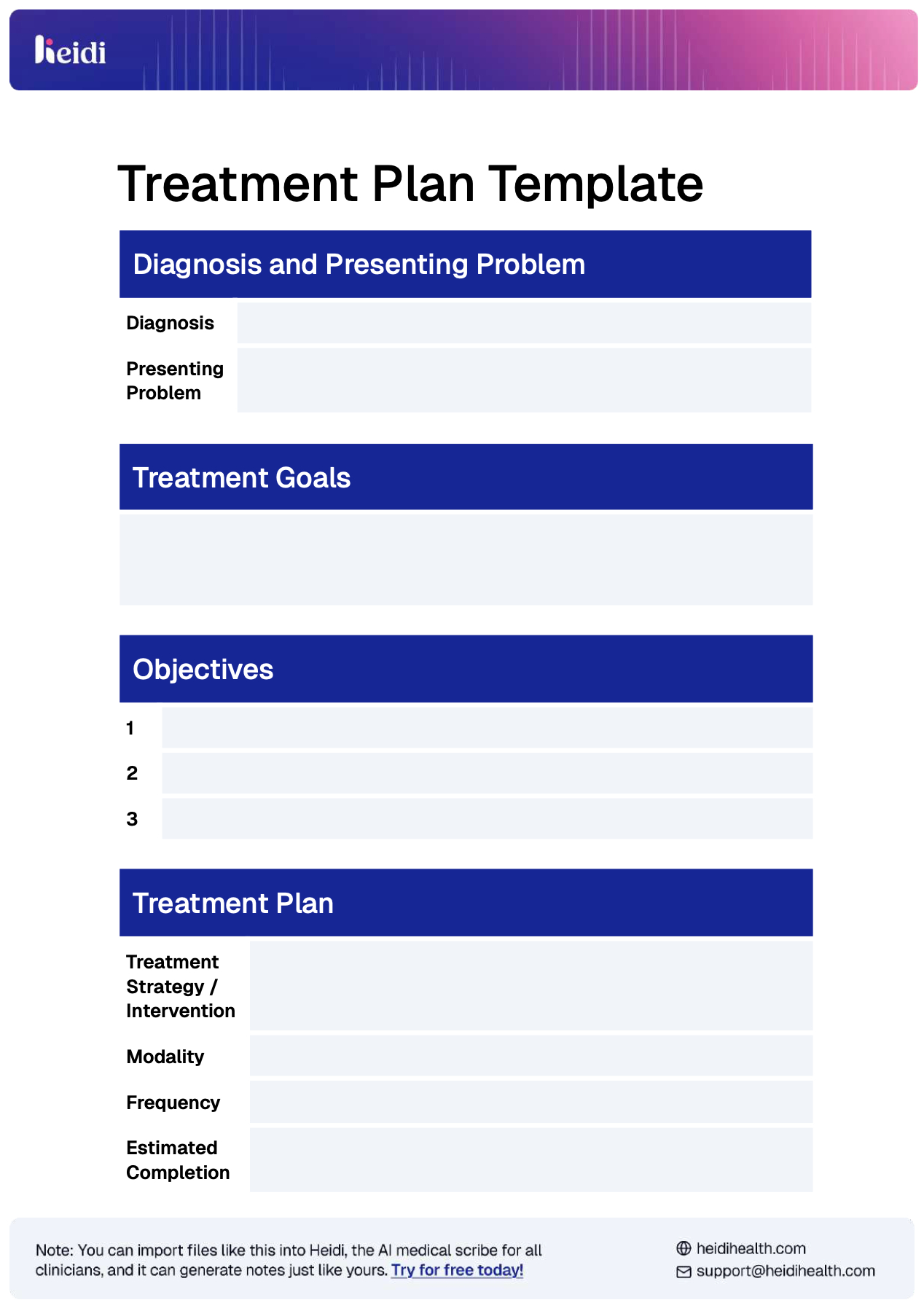 Treatment Plan Template With Examples - Heidi Health | Heidi Ai intended for Free Printable Counseling Treatment Plan Template