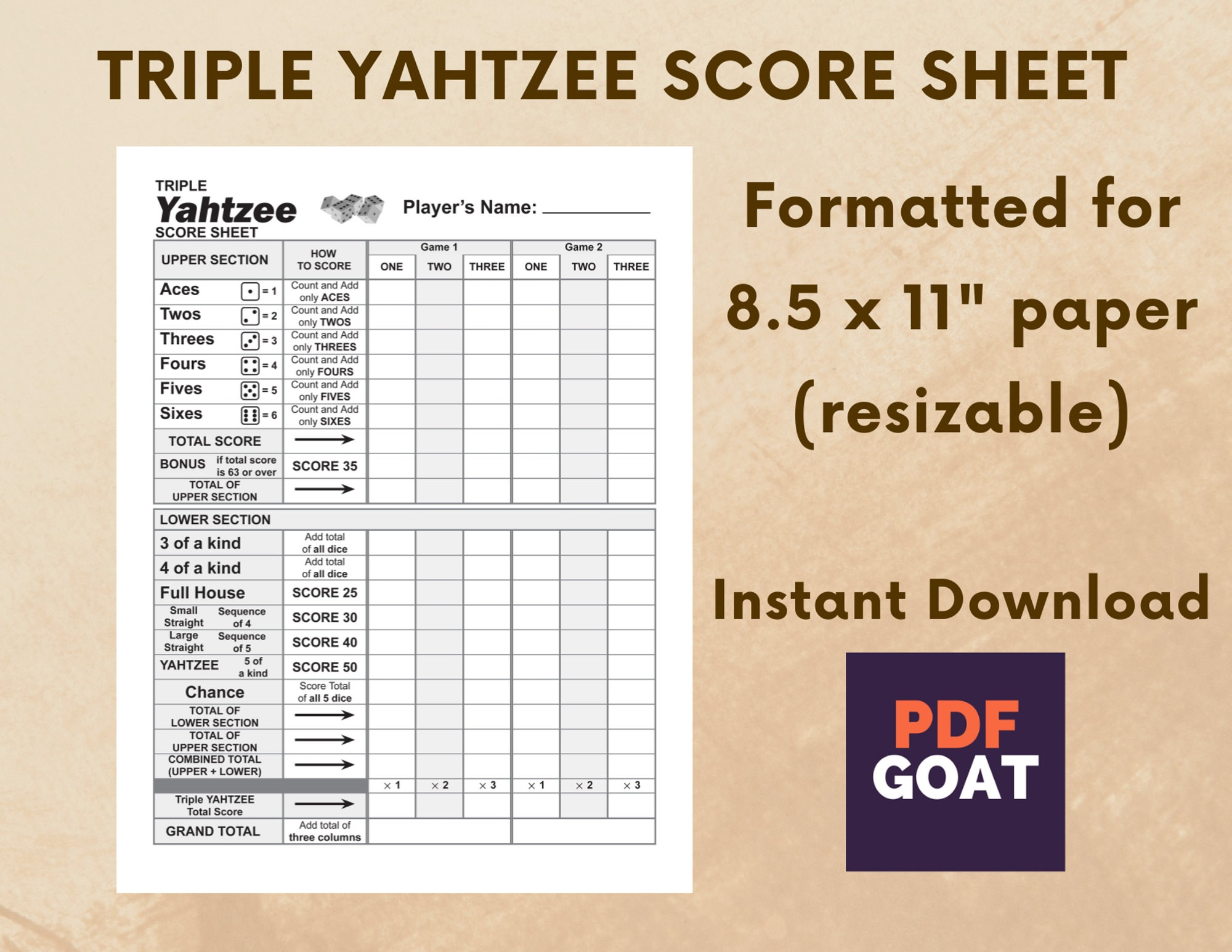 Triple Yahtzee Score Sheet - Printable File - Pdf Download (8.5X11 in Triple Yahtzee Printable Score Sheet