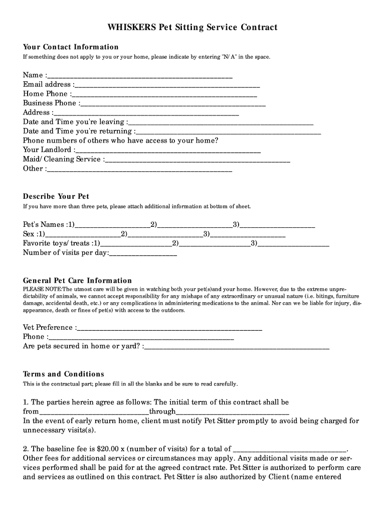 Whiskers Pet Sitting Service Contract Form - Fill Online with regard to Free Printable Pet Sitting Forms